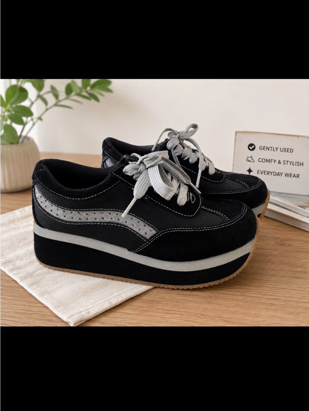Black Platform Lace-Up Women's Sneakers with Gray Accents. Leather and fabric.